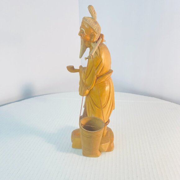 Vintage Hand Carved Wooden Asian Carrying Water Figurine Chinese Sculpture 10" - Picture 10 of 16